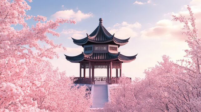 Serene Chinese Pagoda Surrounded by Blooming Cherry Blossoms Under a Pastel Sky, Symbolizing Spring, Tradition, and Tranquility - Powered by Adobe