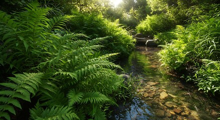 Lush forest scene. Sunlit stream flows through dense green foliage. Tranquil natural setting