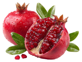 Fresh ripe pomegranate fruit with arils and leaves isolated on transparent background