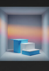 Minimalist blue and white podiums in a studio with colorful light reflections