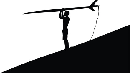 Black vector silhouette of male surfer carrying surfboard on his head standing on slope, isolated illustration for summer water sports © Ponkaj Creatives