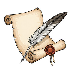 Ancient Scroll with Wax Seal and Quill Pen – Vintage Parchment Letter Illustration Isolated on White