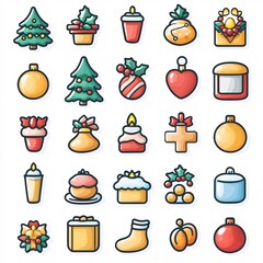 small pastel holiday icon sheet, korean tidy style, white background