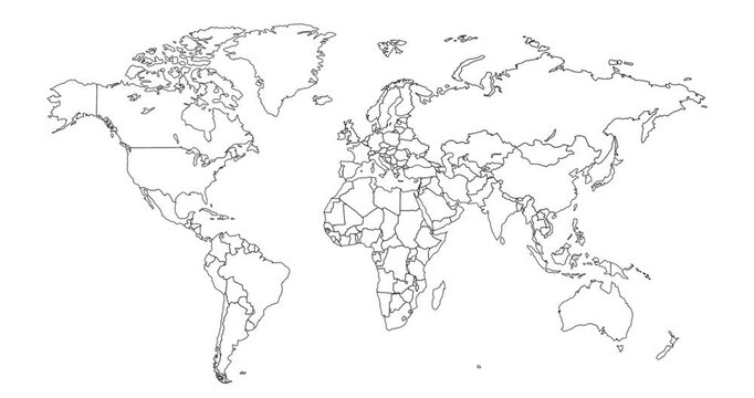 Detailed world map outline highlighting countries and continents for education and travel planning needs