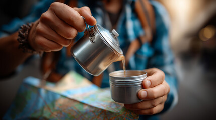 Street portrait, traveler pours tea from small pot into tin cup, backpack and map, spontaneous moment, with copy space