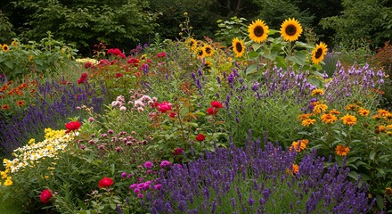 Lush garden bed bursting with colorful blossoms and green foliage under overcast skies
