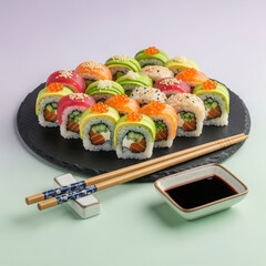 Assortment of fresh sushi rolls with chopsticks and soy sauce