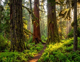 Lush forest scene with tall trees, sunlight filtering through, and a path leading into the depths