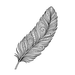 Intricate Boho Feather with Ornate Zentangle Patterns – Black and White Line Art Illustration