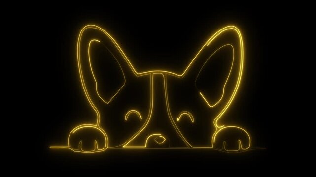 Neon corgi outline. Glowing dog art. Yellow line drawing. Cute pet illustration. Minimalist animal. Digital design asset. Black background glow. Wales dog breed. Peeking corgi paws. Luminous animation