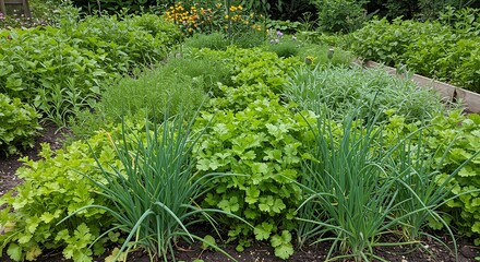 Lush garden bed bursting with diverse herbs and vibrant greenery under sunlight