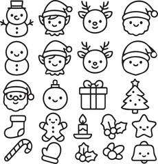 Cute festive holiday character outline icon set in minimalist style