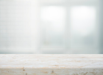 White wood kitchen island with blur window wall