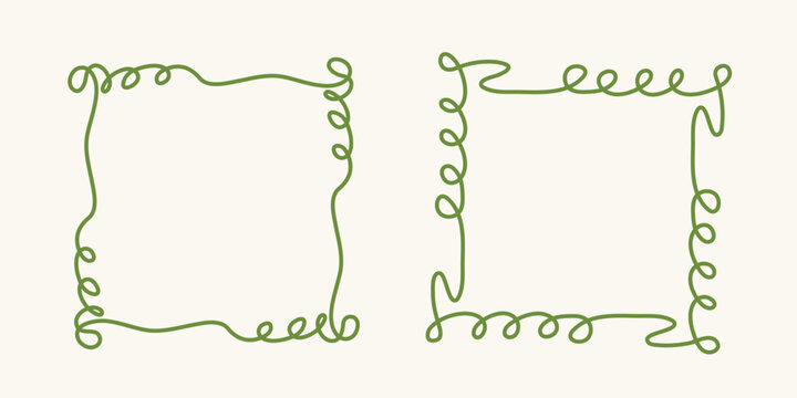 Square doodle frame stamp, hand-drawn wavy curly engagement monograms. Edgings and cadres with simple sketchy scribble swirl design photo decoration old-fashioned greeting elements. Isolated. Vector