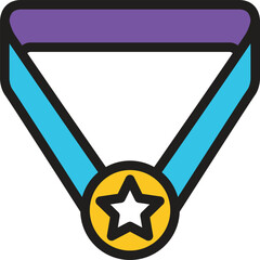 A gold medal with a blue ribbon and a purple neck strap, symbolizing achievement and success, depicted as a vector graphic