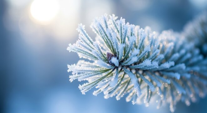 Close-up of a frosted pine branch, showcasing delicate ice crystals in the winter sunlight.