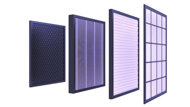 HEPA Filter - 4 layers - Mesh prefilter, prefilter, HEPA filter, activated carbon filter. 3D rendering isolated on white background. Ideal for educational, engineering 