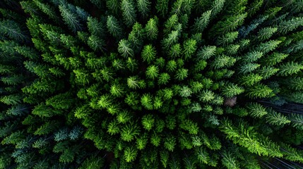 Aerial top-down view of dense forest forming organic tree patterns, natural symmetry, rich deep green and dark shadow contrast