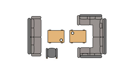 living room layout plan with sofas and coffee tables showcasing interior design and furniture arrangement for home decor inspiration and spatial planning.