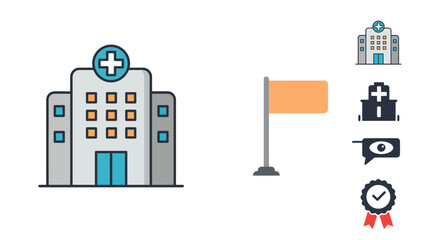 Hospital building icon representing healthcare and medical services next to a flag illustration ideal for health-related websites and promotional materials.