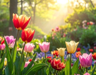 Lush garden filled with vibrant tulips in various colors, bathed in warm sunlight