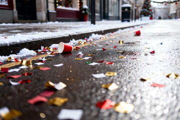 Festive holiday street scene covered with scattered confetti, thrown cups, sparkling glitter and post-Christmas celebration litter creating cinematic winter atmosphere