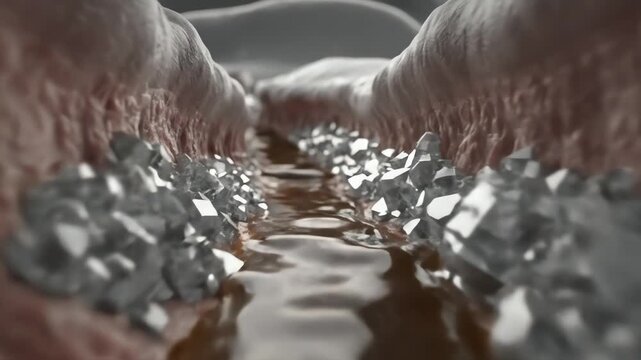 Kidney strain during dehydration, camera entering re strain during dehydration, renal tubules filtering dark, concentrated fluid, crystals form along inner walls, glittering under harsh clinical light