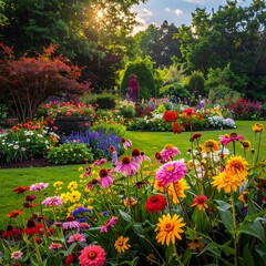 Lush garden brimming with diverse flowers basking in warm sunlight