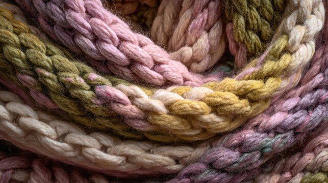 Boldly colored chunky scarves are shown with clear tactile textures. The scene communicates warmth and expressive style. - Powered by Adobe