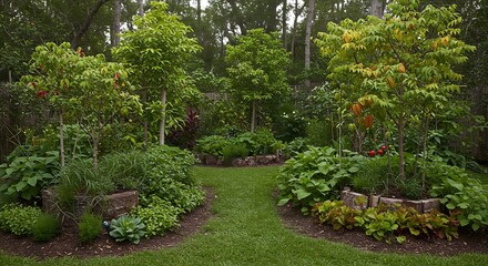 Lush garden path flanked by diverse plants and trees under a cloudy sky