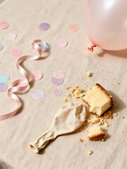 Minimalist after-birthday flat lay with pastel confetti, curled ribbons, deflated balloon, cake crumbs on beige linen background creating soft serene celebration scene
