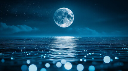 Full moon rising over a calm dark blue ocean with magical glowing lights floating on the water surface at night