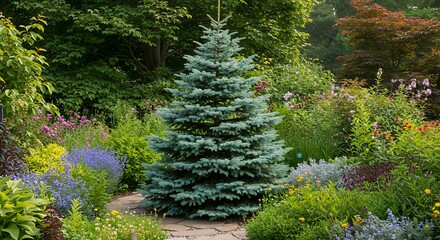 Lush garden path leads to vibrant flowerbeds with a majestic blue fir tree