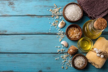 Spa treatments showcase natural oils and bath salts on a blue wooden background for relaxation and self-care