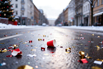 Christmas celebration aftermath street with scattered confetti, disposable cups, glitter remnants, festive debris and holiday party waste captured in urban winter setting