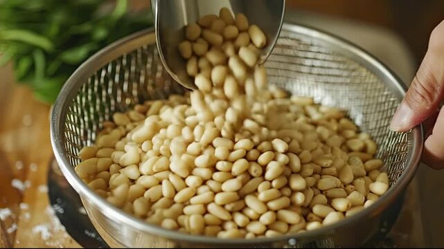Close-up of a scoop pouring cream-colored pine nuts into a metal mesh strainer held by a hand over a wooden surface