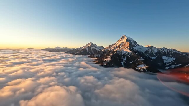 Sweeping drone shot above a massive cloud inversion where bright mountain peaks pierce through the thick, white sea of mist tranquility, freedom, mist