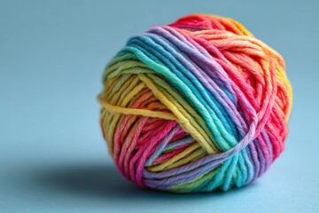 Colorful ball of yarn with vibrant rainbow hues resting on a light blue background