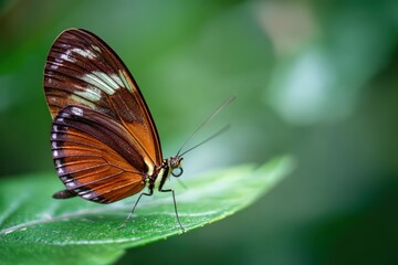 Obraz premium Butterfly resting gracefully on a lush green leaf in Costa Rica's vibrant rainforest during a sunny day