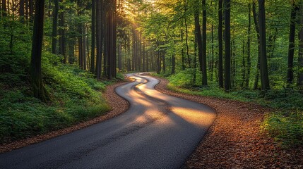 Fototapeta premium Winding Asphalt Road In Forest With Dense Trees & Fall Leaves - Autumn Forest Natural Atmosphere Background for Travel Promotion/Posters 