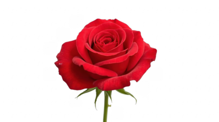 A single red rose with green stem and leaves isolated against a plain black color background view