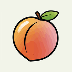  Flat vector peach with solid color gradient, soft 3D highlight, thick silhouette, attached green leaf, modern minimal style
