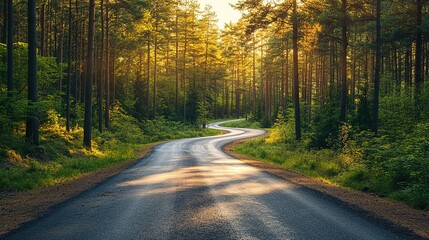Obraz premium Winding Asphalt Road In Forest With Dense Trees & Fall Leaves - Autumn Forest Natural Atmosphere Background for Travel Promotion/Posters 
