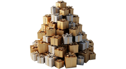 Gifts presents celebration holiday christmas birthday boxes pile gold silver ribbon stacked festive giving