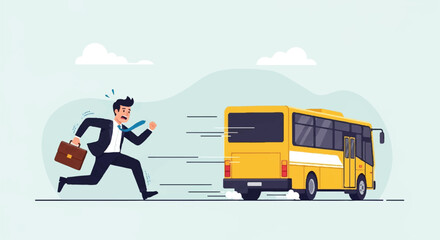 Stressed Businessman Running Late to Catch Public Bus