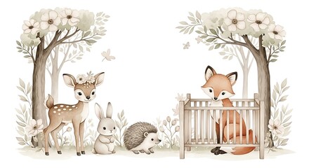 Watercolor woodland animals nursery art with deer fox rabbit and hedgehog