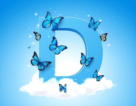Blue butterflies flutter around a letter "D" above fluffy clouds against a sky - Powered by Adobe