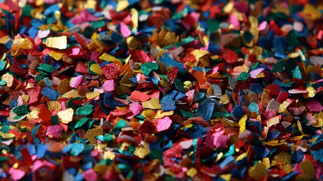 Colorful confetti scattered on a surface. The confetti features various shapes and vibrant colors, including red, blue, green, and gold. Ideal for celebrations.
