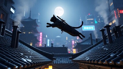 Silhouette of a Cat Leaping Across Rooftops in a Futuristic City at Night with a Full Moon.