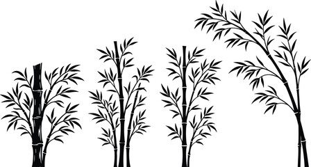 Bamboo growth icon set, black stalk illustration, nature development stages, minimalist plant design, abstract botanical artwork